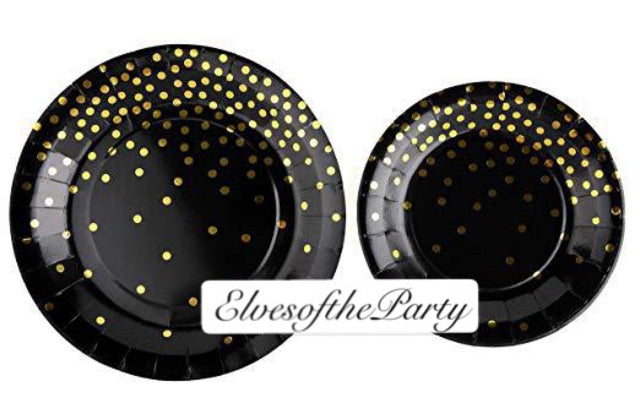 Partyware : Black+Gold / White+Gold Polka Dots Paper Plates and Gold Cups
