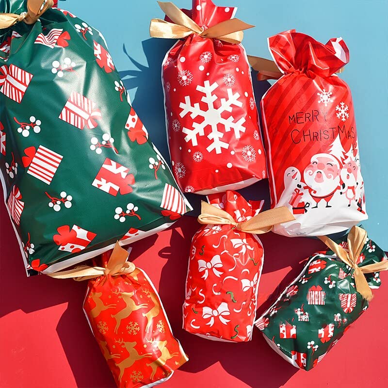 Plastic Loot Bag with Ribbon - Christmas (Pack of 10)