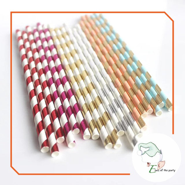 Partyware : Green + White Stripes Paper Straws (Pack of 25)
