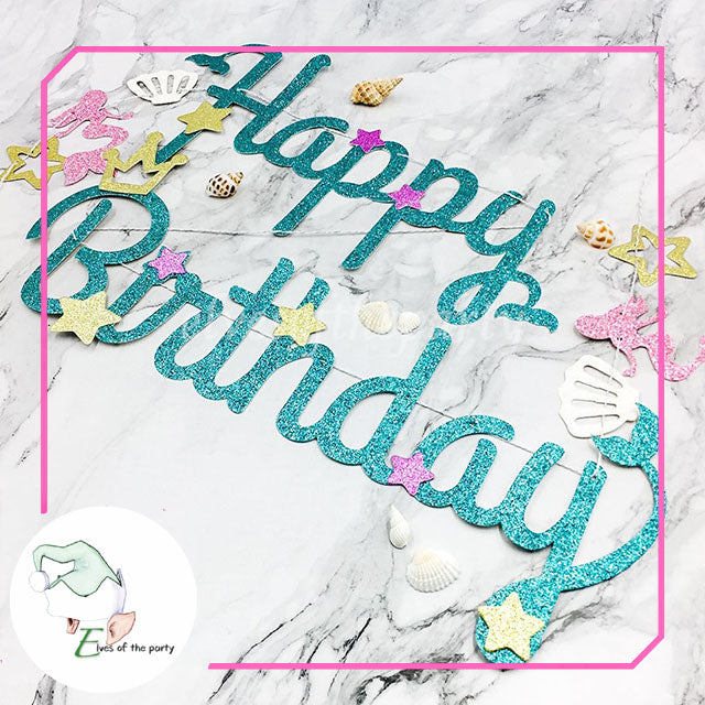 Mermaid Glittery Script Happy Birthday Banner