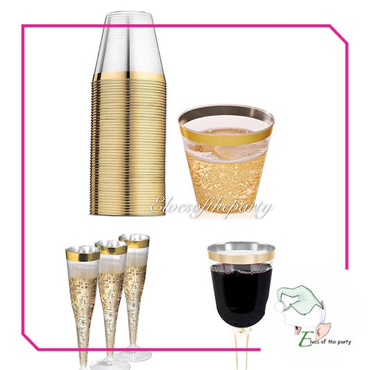 Elegant Gold / Rose Gold Rimmed Disposable Cup, Wine Glass, Champagne Flute and Utensils