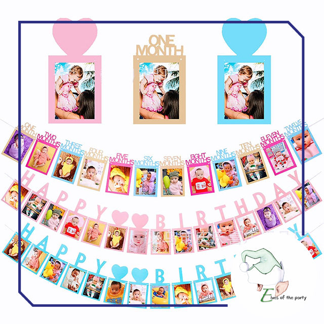 Happy Birthday Banner : 1-12 Months Newborn Baby Record Photo Frame Banner