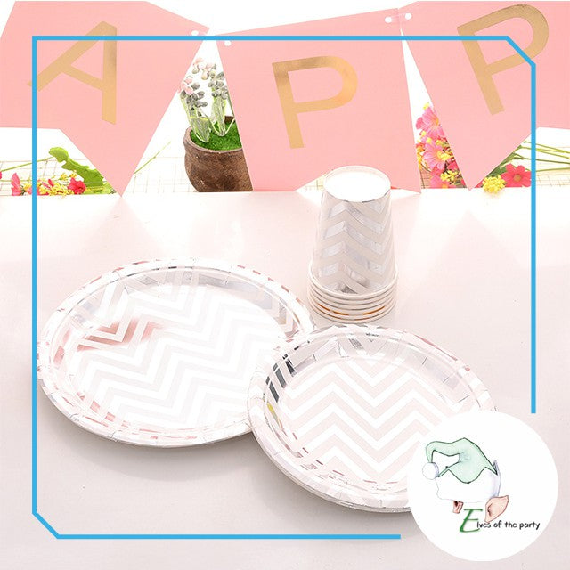 Partyware : Gold / Silver Chevron Disposable Paper Plates and Cups
