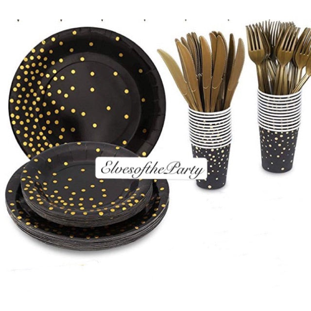 Partyware : Black+Gold / White+Gold Polka Dots Paper Plates and Gold Cups