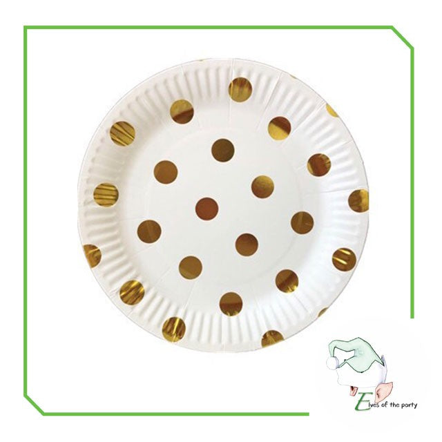 Partyware : Black+Gold / White+Gold Polka Dots Paper Plates and Gold Cups