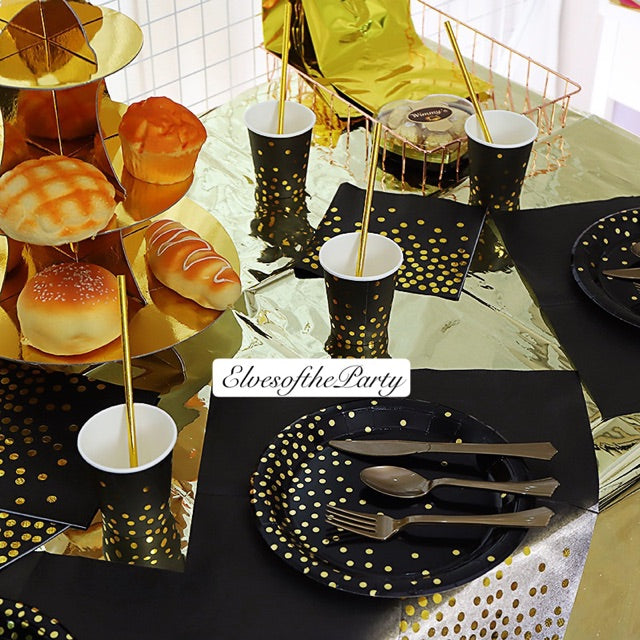 Partyware : Black+Gold / White+Gold Polka Dots Paper Plates and Gold Cups
