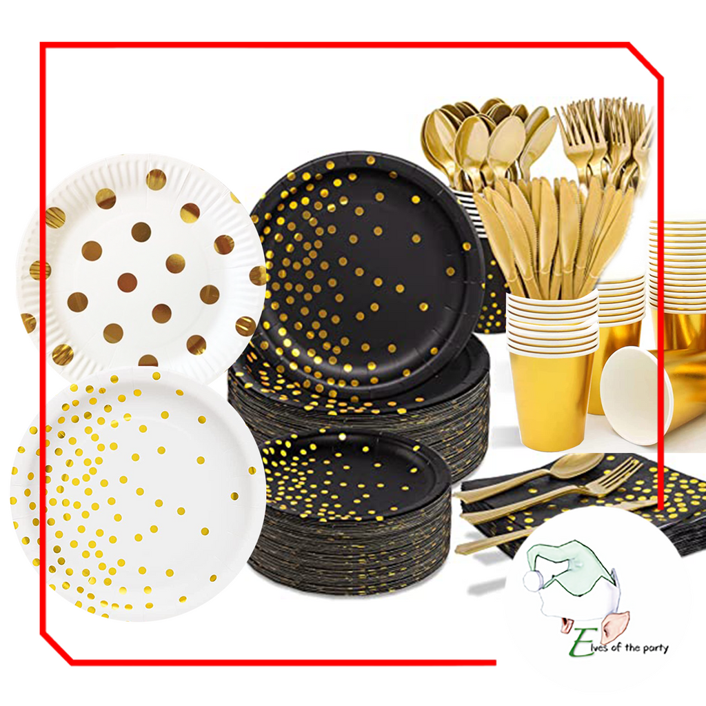 Partyware : Black+Gold / White+Gold Polka Dots Paper Plates and Gold Cups