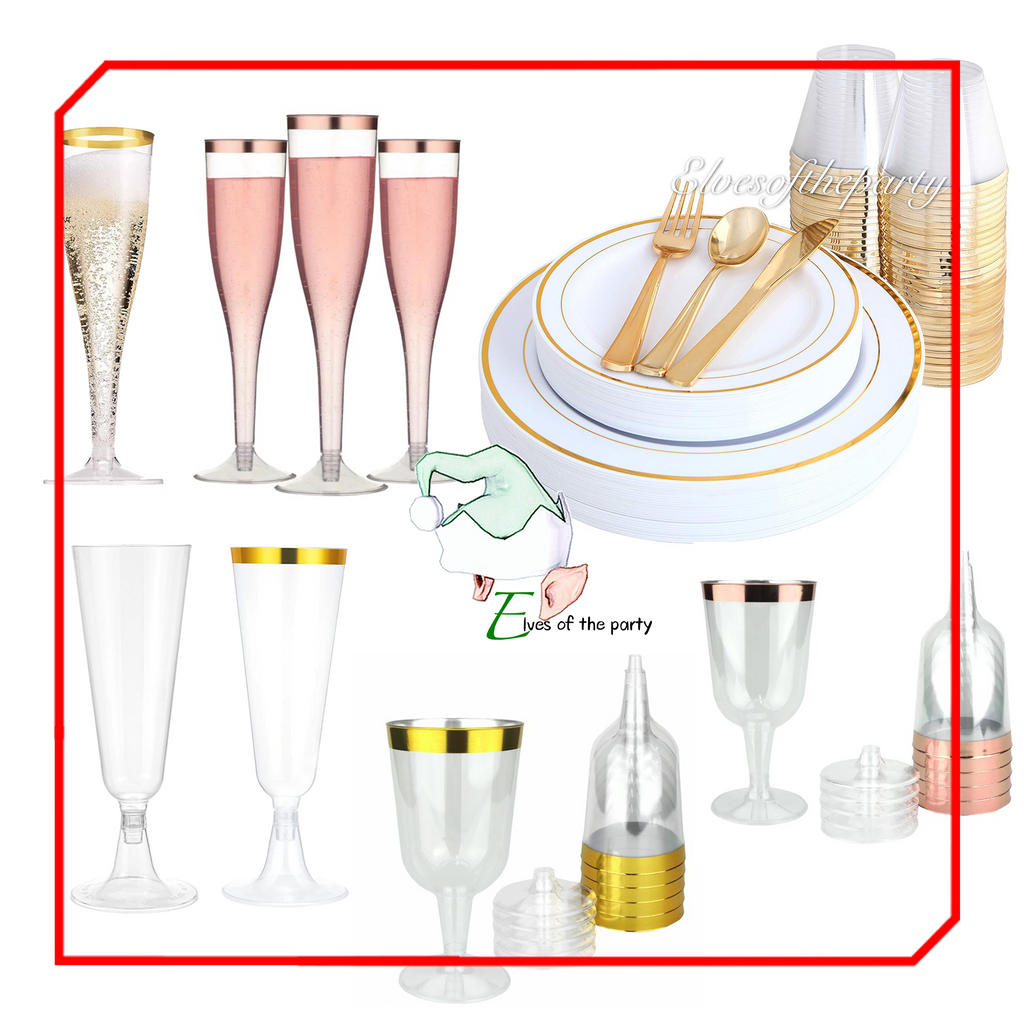 Elegant Gold / Rose Gold Rimmed Disposable Cup, Wine Glass, Champagne Flute and Utensils
