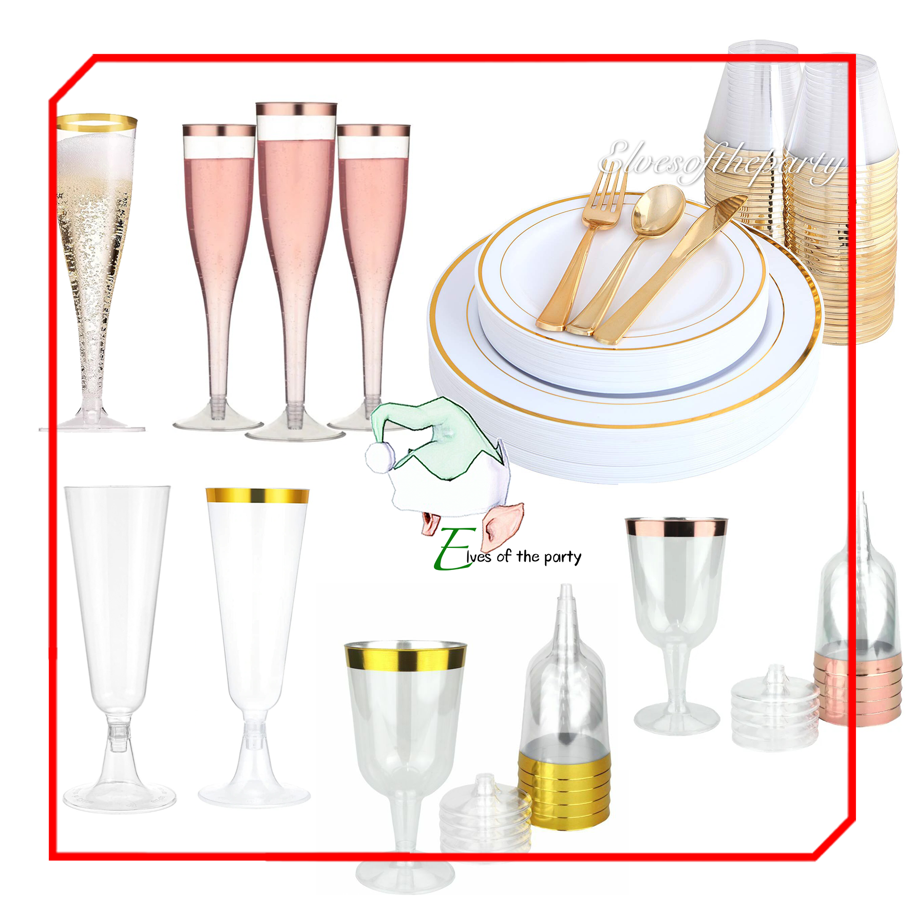 Elegant Gold / Rose Gold Rimmed Disposable Cup, Wine Glass, Champagne Flute and Utensils