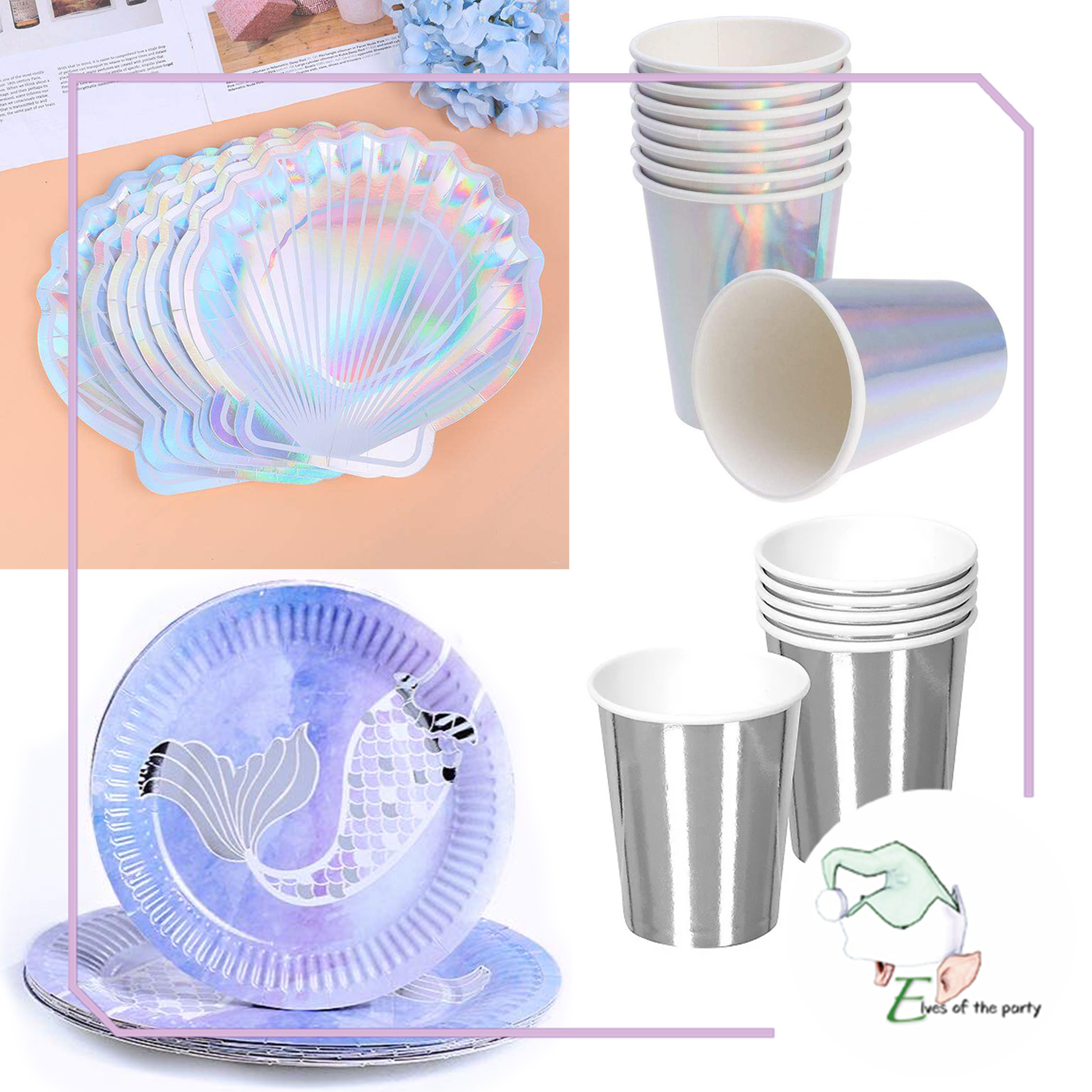 Partyware : Mermaid, Iridescent Silver Shell Paper Plates and Cups