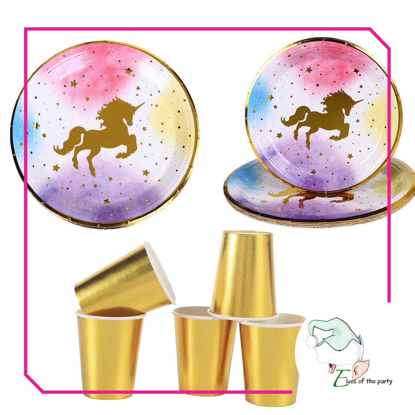 Partyware : Sparkling Unicorn Paper Plates and Gold Cups