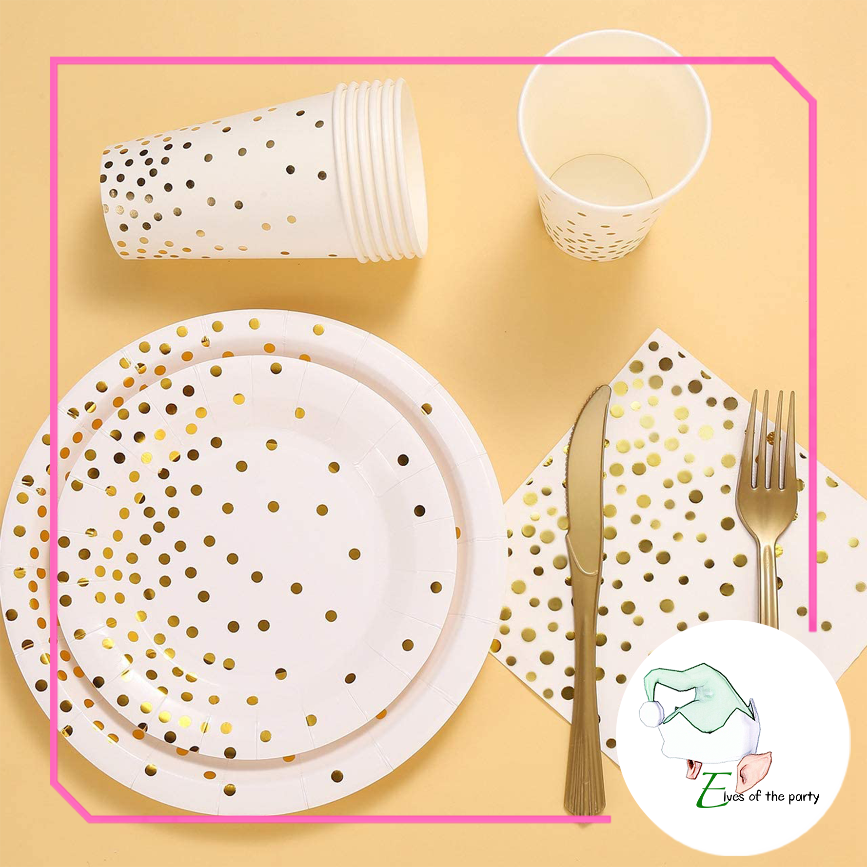 Partyware : Black+Gold / White+Gold Polka Dots Paper Plates and Gold Cups