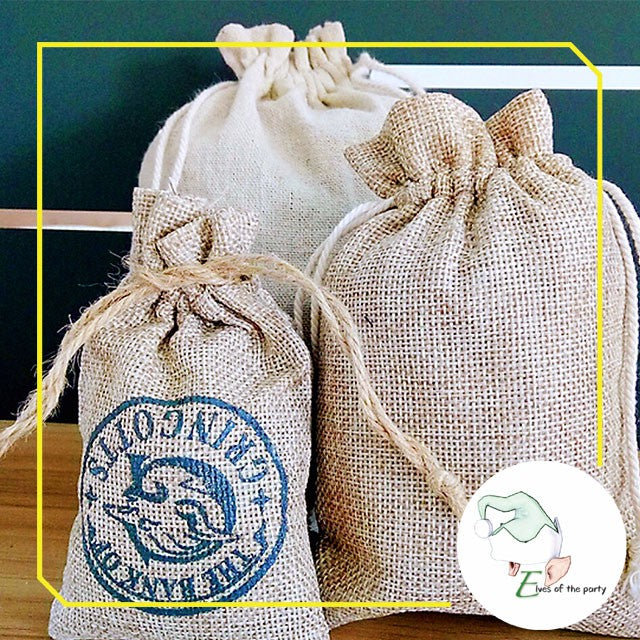 Cream Linen / Burlap Jute Drawstring Pouch - Customizable