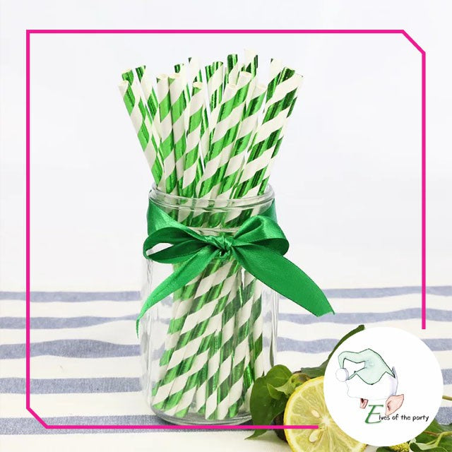 Partyware : Green + White Stripes Paper Straws (Pack of 25)