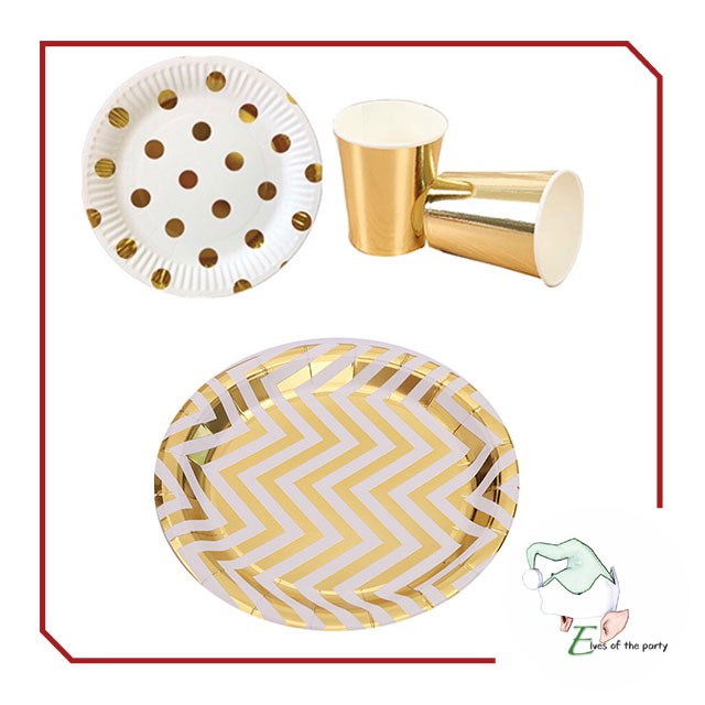 Partyware : Gold / Silver Chevron Disposable Paper Plates and Cups