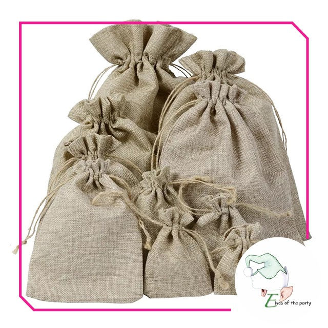 Cream Linen / Burlap Jute Drawstring Pouch - Customizable
