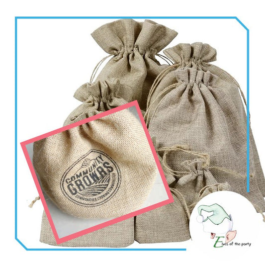 Cream Linen / Burlap Jute Drawstring Pouch - Customizable